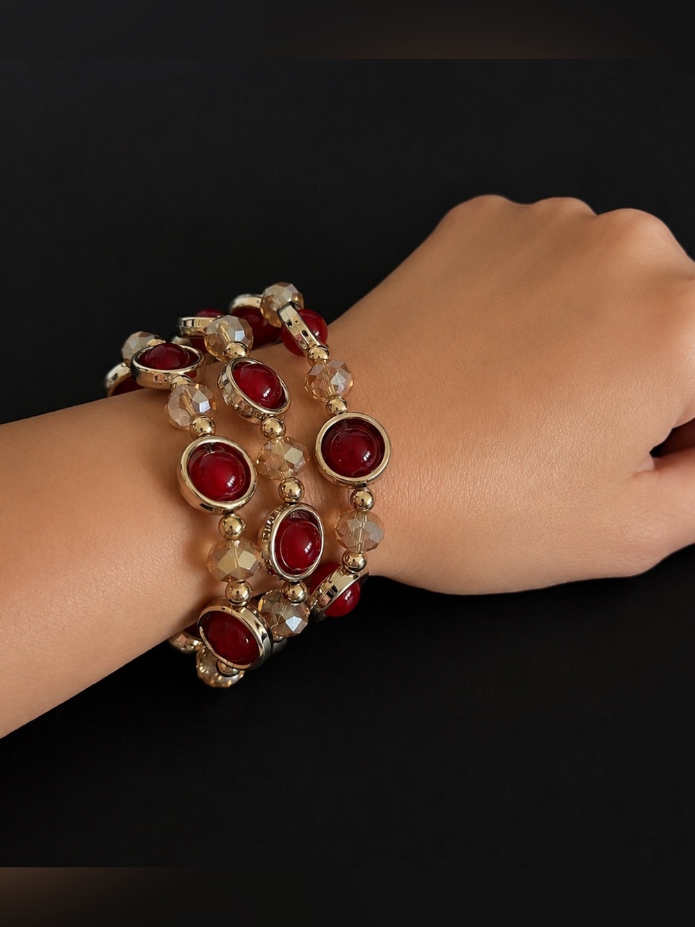 Set of 3 Gold-Tone Red Stone Wrap Stretch Bracelet - Women's Fashion Jewelry